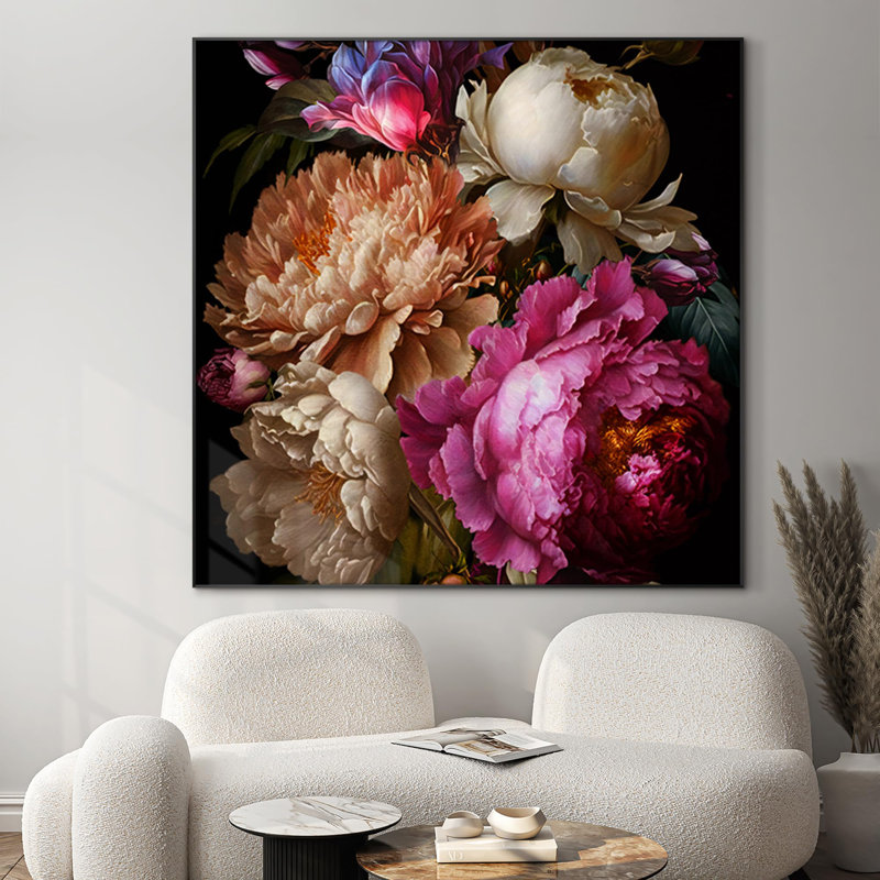 Très grand art mural imprimé sur tissu - arrangement floral, pivoines et magnolias éclatants pour le salon ou la chambre à coucher - «Assemblage requis du cadre (cadre non fini)»
