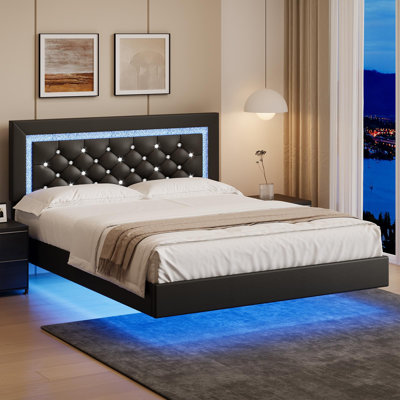 Alber Floating Bed Frame with LED Lights, Upholstered Platform Bed with Diamond Tufted Headboard, No Box Spring Needed, Noise Free, Easy Assembly