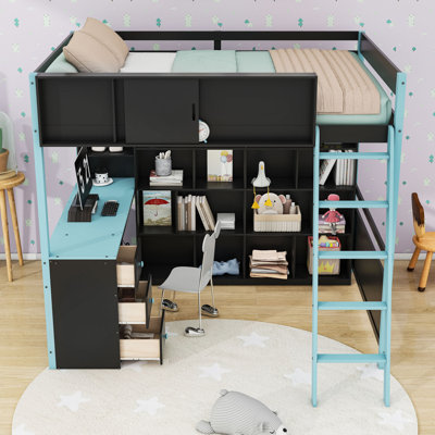 Lit mezzanine en bois 3 tiroirs avec bureau de jeu, bande lumineuse à DEL, tablettes et garde-corps