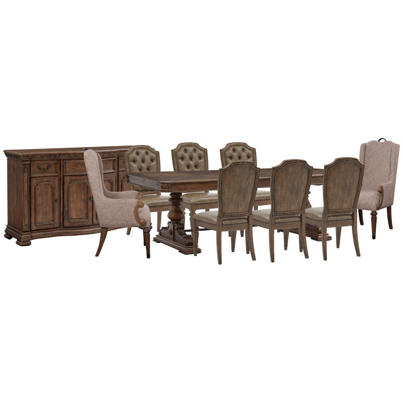 Extendable Trestle Dining Table With 6 Upholstered Side Chairs 2 Host Chairs And Buffet, 10 Pieces: Table, 8 Chairs, Buffet