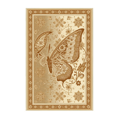 Tapis oriental doux et moelleux à motif de papillons en beige de style oriental Hawley