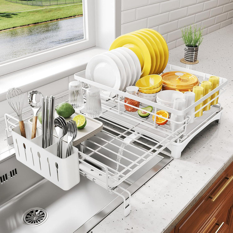 Large Silver Extendable Metal Dish Drying Rack with Utensil Holder
