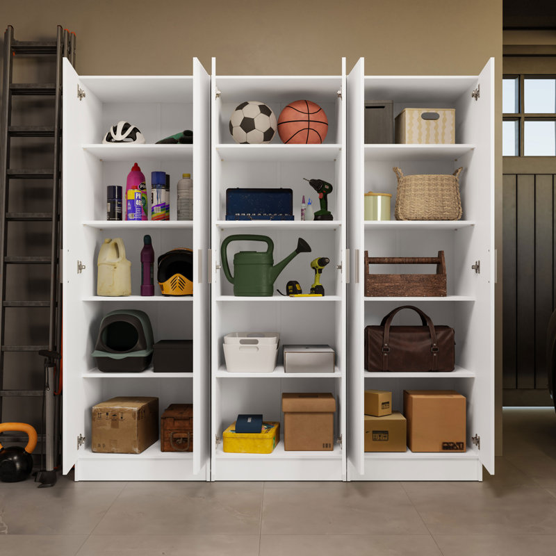 Madesa Garage Storage Cabinet Set 6 Doors 12 Utility Shelves 70"L Wooden Organization Unit for Garage and Tools 9 Adjustable Shelves Anti Tipping - White
