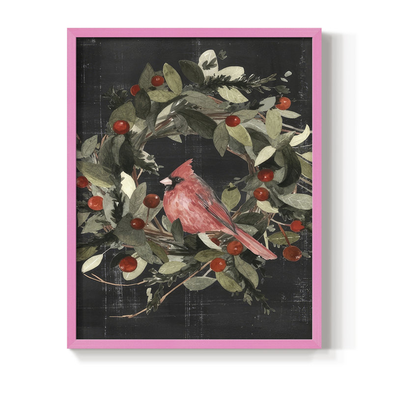 «Christmas Cardinal I», reproduction encadrée - bois massif, Rose, H 11 po x l 9 po