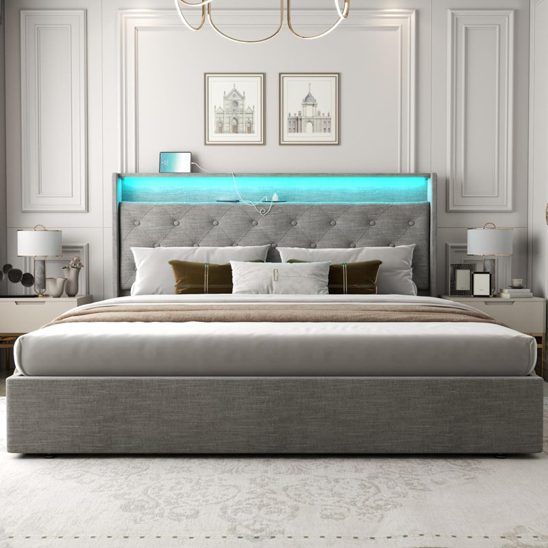 Kadeer Lift Up Bed Frame with Charging Station & LED Light, Upholstered Bed with Button Tufted, Light Gray, Queen