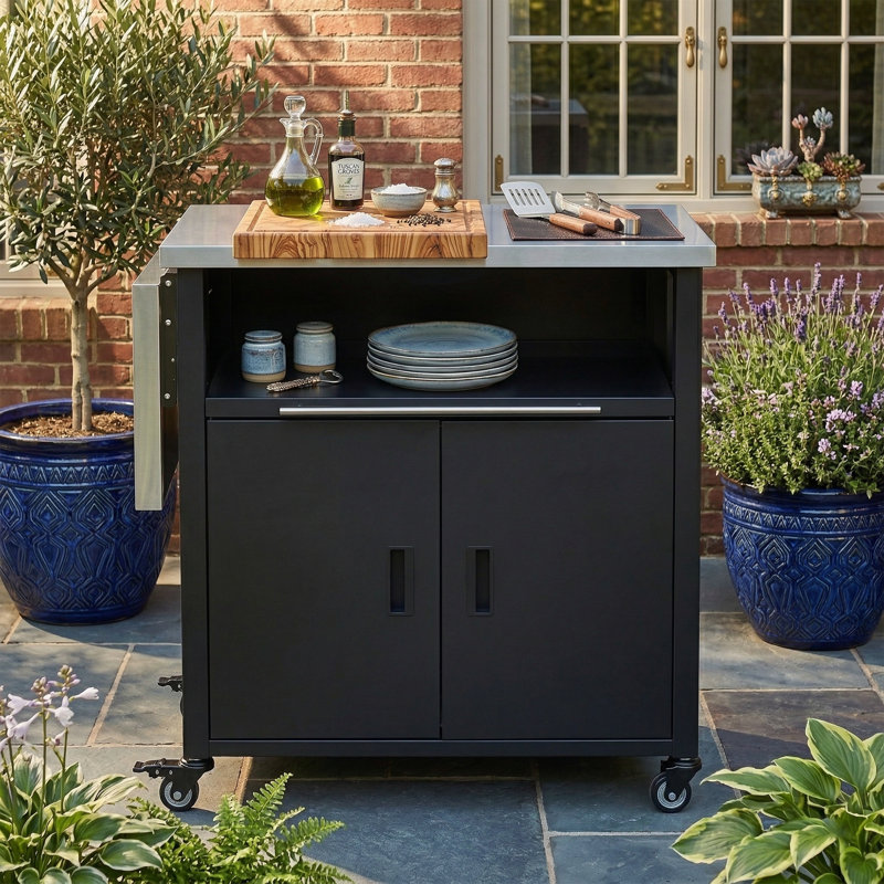 Îlot de cuisine extérieur pliable de 73,8 po de largeur avec plateau en acier inoxydable 304 - Station de préparation à deux battants avec support à déchets intégré - Chariot de barbecue mobile avec armoire de rangement - Gris