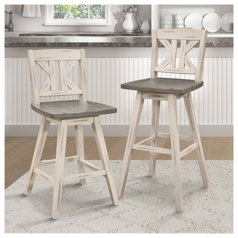 Ensemble de 2 tabourets de bar à hauteur de comptoir, 2 chaises de bar pivotantes à 360 degrés en bois d'hévéa massif avec dossier en X divisé, gris et gris patiné