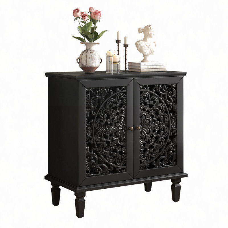 Vintage Hollow-Carved Accent Cabinet, 2-Door Display Storage Sideboard with Symmetrical Floral Design, Adjustable Shelf and Solid Wood Legs for Living Room Entryway