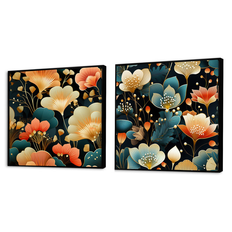 Elora - Ensemble de 2 collages carrés botaniques abstraits, Cadre flottant noir, H 16 po x l 33 po
