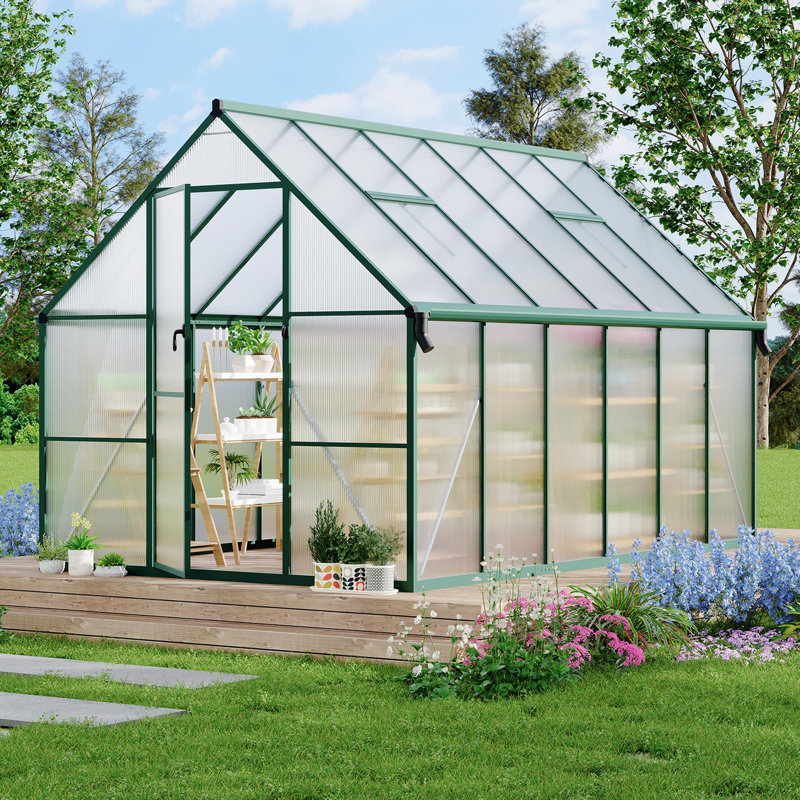 Polycarbonate Walk-In Greenhouse for Outdoors, Quick-Setup Garden Greenhouse with Roof Vent and Ventilation, Green