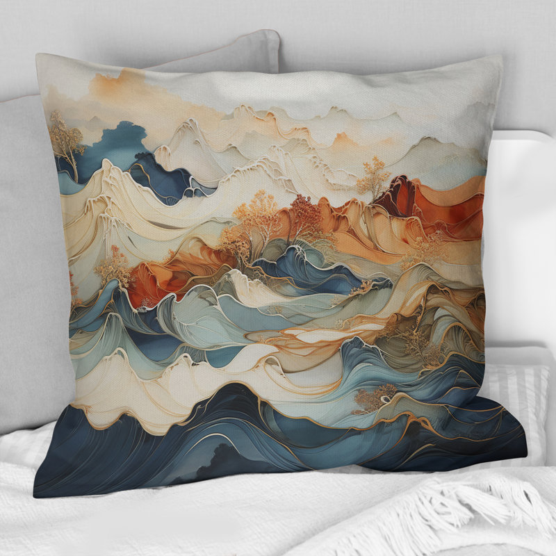 Abstract Orange And Blue River Ink III - Abstract Marble Printed Throw Pillow