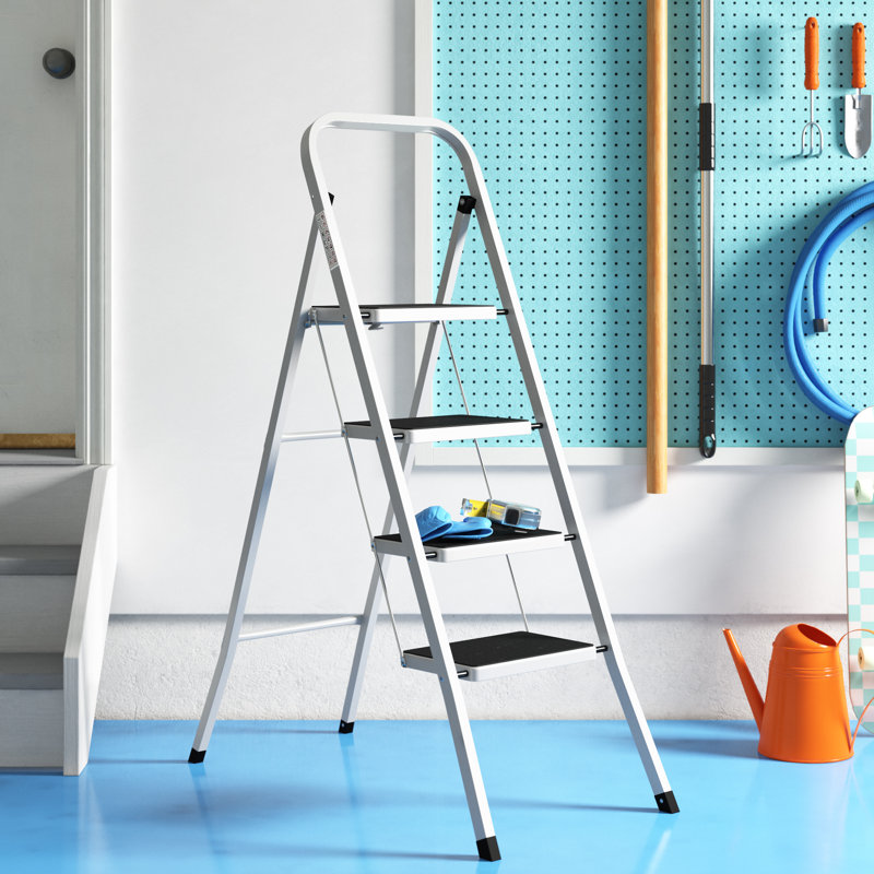 4-Step Steel Portable Folding Heavy Duty Ladder Non Slip Matt, White