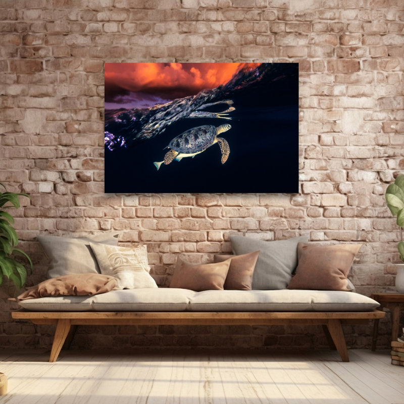Sea Turtle Sunset Swim Peaceful Serene Tranquil Turtle Nature Ocean Wall Art Print 1 Piece Wrapped Canvas Wall Art