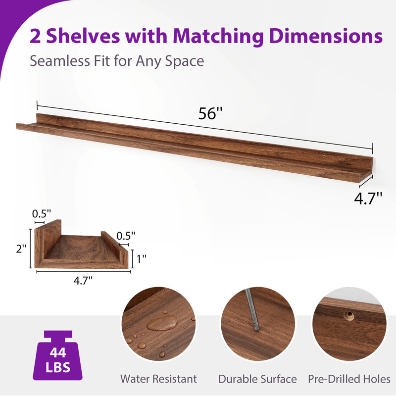 Darlicia 2 Piece Picture Ledge Wall Mounted Shelf, Walnut, 2" H x 56" W x 4.7" D