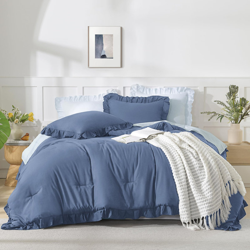 Andency Ocean Blue Ruffle Comforter Twin XL(68x92Inch), 2 Pieces(1 Ruffled Comforter and 1 Pillowcase) Solid Farmhouse Bed, Vintage Rustic Soft Microfiber Bedding Set