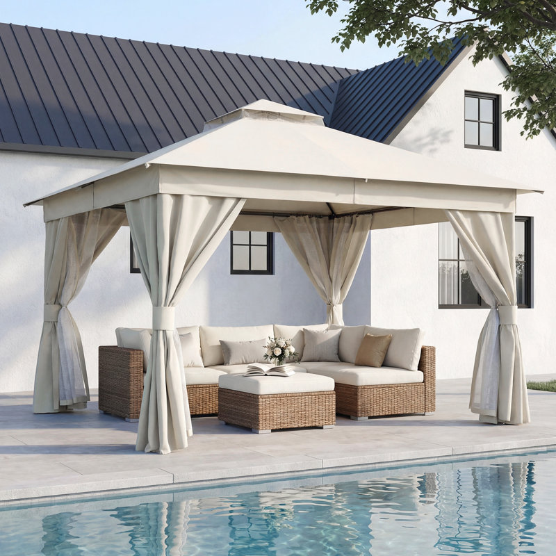 Yardgrace 12'x12' Soft-top Double-Roofed Steel Patio Gazebo, Cream