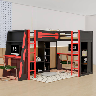 Lit mezzanine simple en L avec DEL RVB, charge USB et tablettes