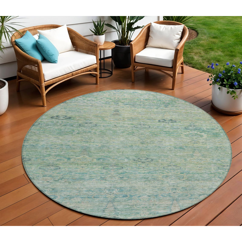 Tapis rond lavable intérieur bleu sarcelle et lin 8 pi