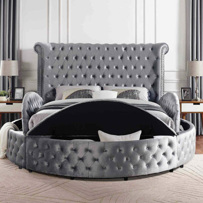 Unique Round Glam Bed with Button Tufting and Storage