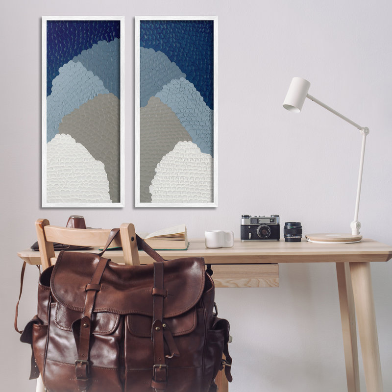 Ensemble de 2 estampes texturées bleues et abstraites, par PC, H 30 po x l 13 po