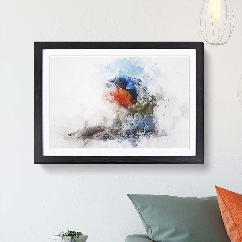 Robin Bird in Abstract - Picture Frame Painting Print, 35cm H x 50cm W x 2cm D, Black