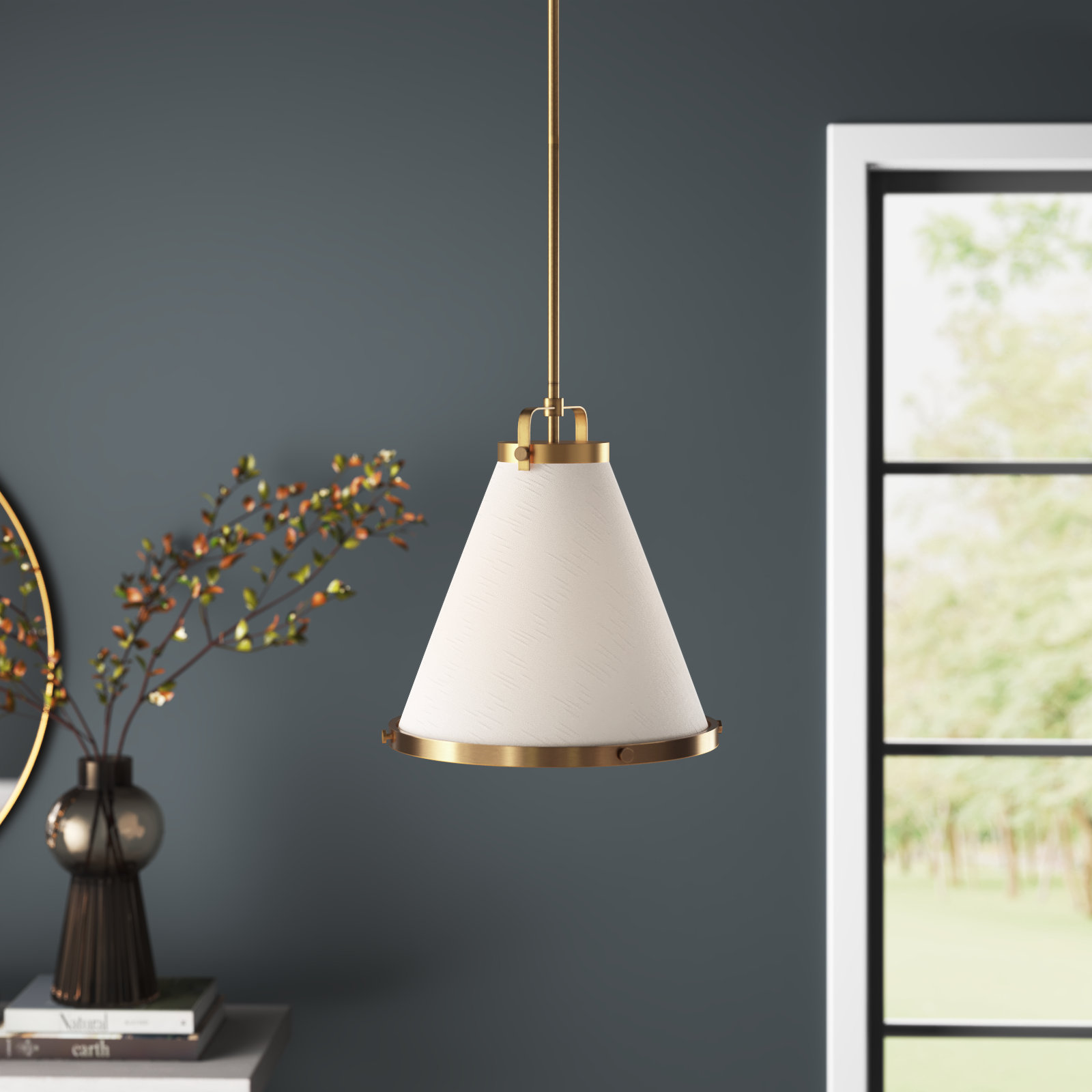 Coco Single Light Cotton / Cotton Blend Dimmable Pendant, Lacquered Brass, 14.75" H x 13.5" W x 13.5" D