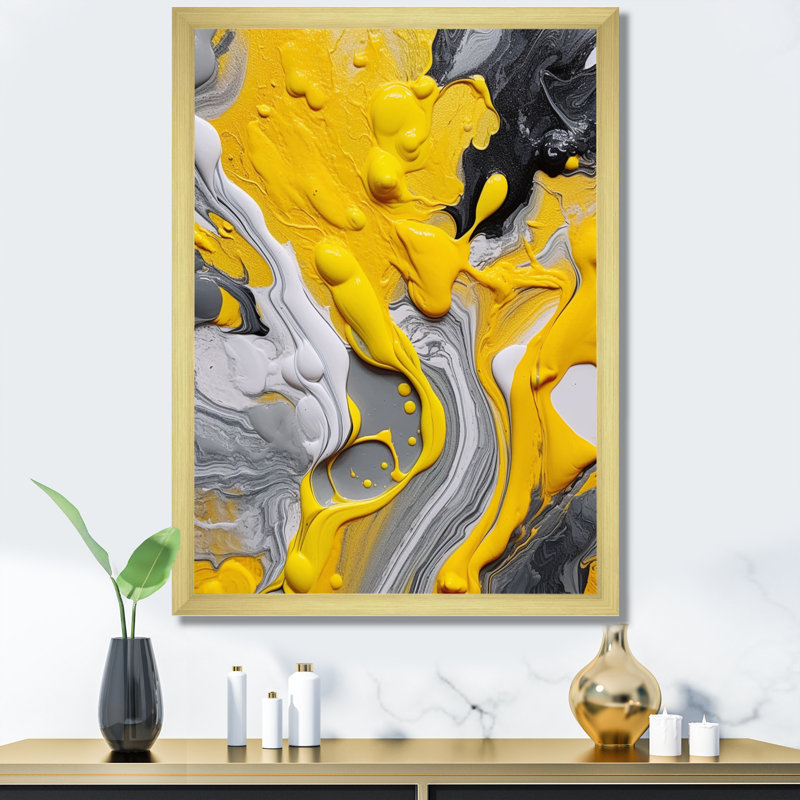 Impression sur toile abstraite jaune et grise cosmique II, Doré, H 32 po x l 16 po, Cadre photo unique