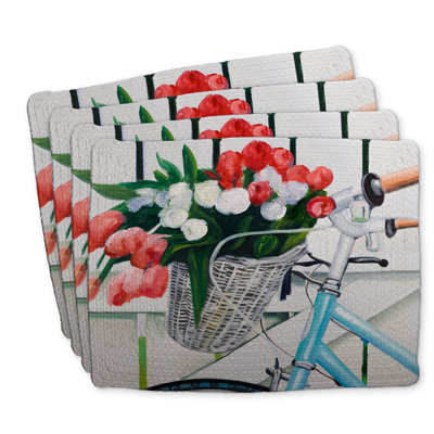 Napperons en polyester tressé | Conception de tulipes à bicyclette | Ensemble de 4