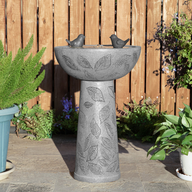 27.5"H 2-Tiered Birdbath Polyresin Outdoor Fountain with Birds, Pump and LED Light (KD)