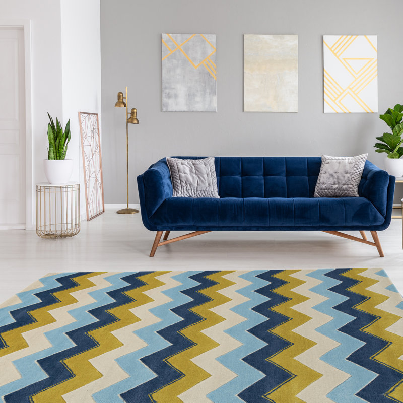 Tapis fabriqué à la main Equelle bleu et souci, Rectangle 8 pi x 10 pi