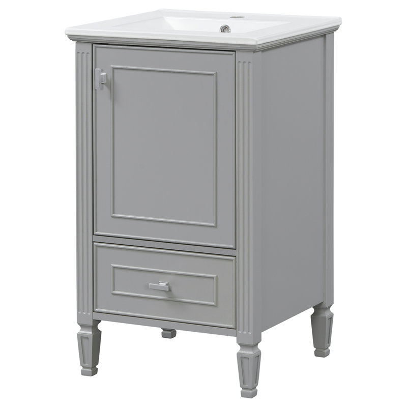 Meuble-lavabo de 20 po avec lavabo en céramique, pieds en bois massif, meuble-lavabo autoportant avec armoire de rangement, tiroirs et portes à fermeture en douceur, support de rangement