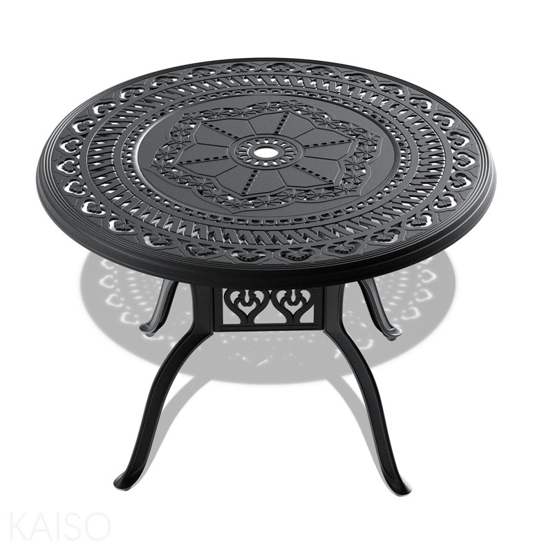 Table de salle à manger 39,37 pouces en fonte d'aluminium avec structure noire et trou pour parasol