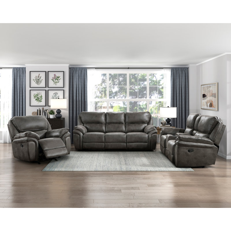 3 pièces inclinables avec revêtement en microfibre grise, structure en bois massif, poignées inclinables, porte-gobelets, fauteuil à bascule, capacité de poids de 300 lb pour l'espace de vie principal, ressorts en mousse sur les ressorts, attaché