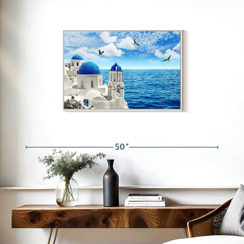 Santorini Island, Floating Frame White, 31" X 21"