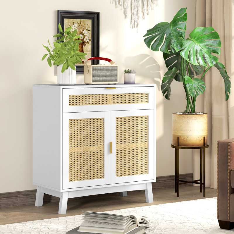Buffet Boho avec portes en rotin, Blanc