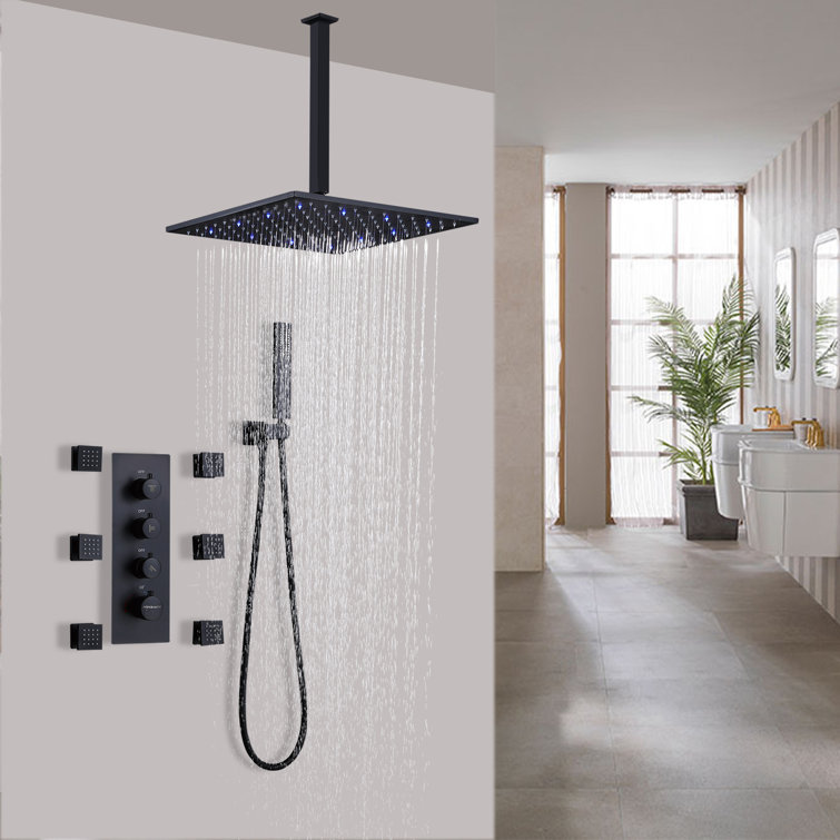 20 x 12 Modern Thermostatic Shower System with Handshower & Rack Solid Brass in Black