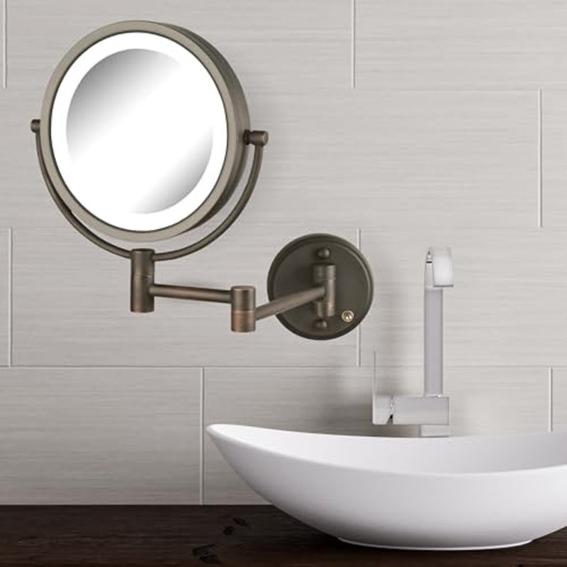 Ayen 8.5" Lighted Wall Mount Magnified Makeup Mirror, Plug In, Bronze