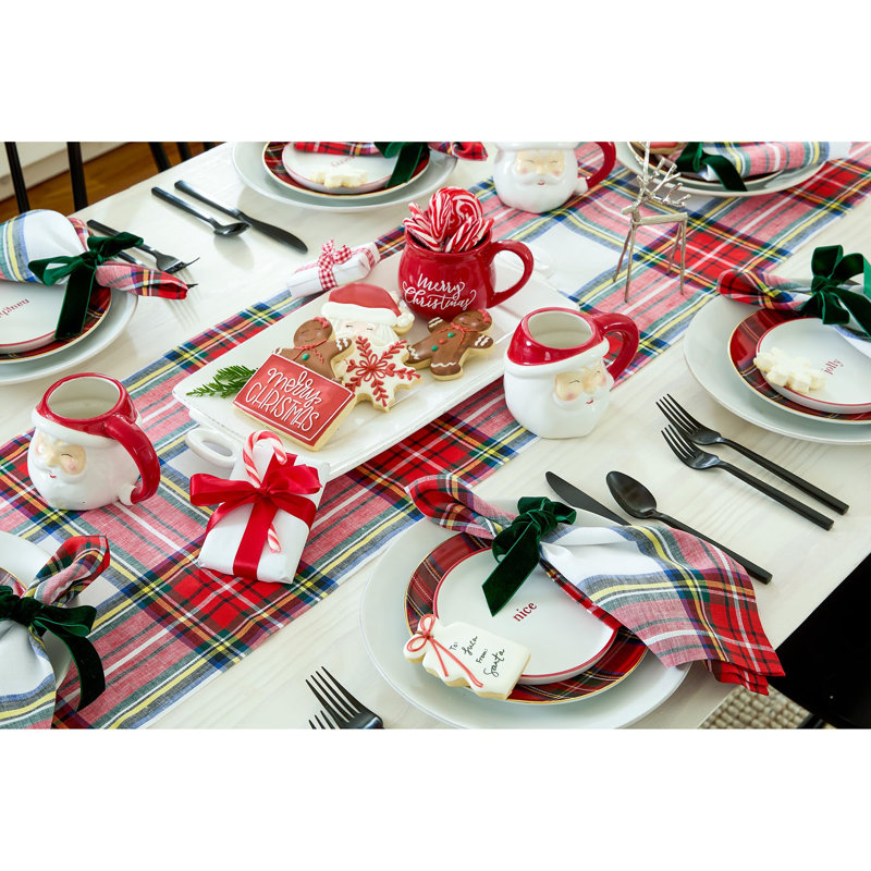 Stewart Plaid - 100% Pure Linen Christmas Table Runner, 108" x 14", Red/White