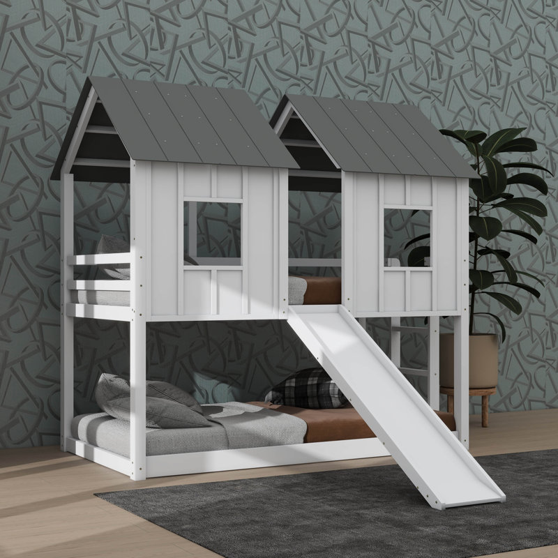 Twin-Over-Twin Bunk Bed In House Style With Slide And Window Features