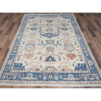 Tapis oriental 4 pi 10 po x 7 pi 1 po en mousseline blanche ciselée Heriz avec un motif sur toute la surface, nœud turc, noué à la main, 100% laine