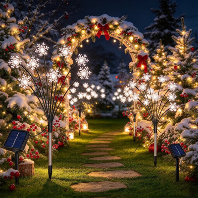 Paquet de 8 lumières de piquet de sentier de Noël flocon de neige solaire, lumières de luciole se balançant 8 modes, décoration de jardin extérieur imperméable, cadeau des Fêtes