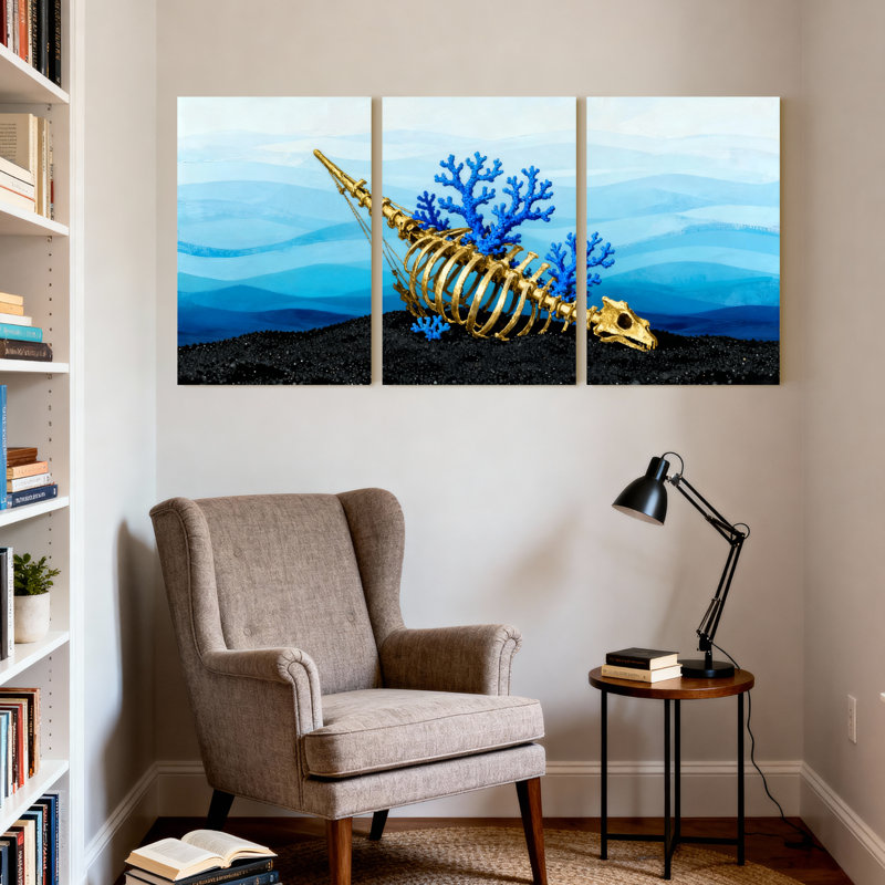 Ensemble de 3 impressions sur toile Golden Fish Skeleton, H 24 po x l 48 po