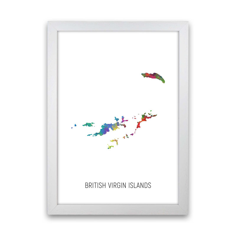 British Virgin Islands Watercolour Map by Michael Tompsett - Print, 46cm H x 34cm W x 3cm D, White Framed