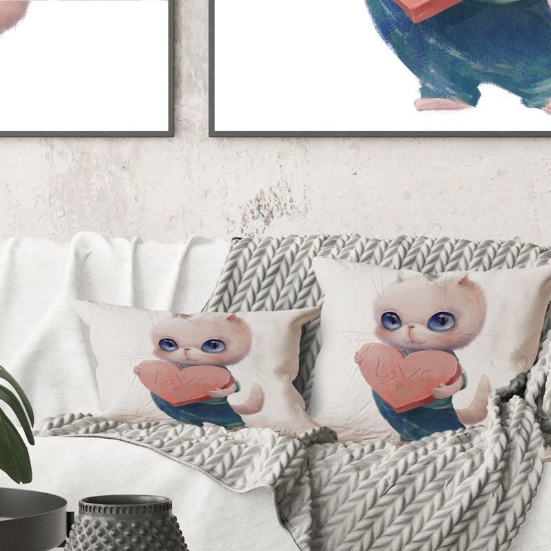 Mignon chat blanc avec cœur - Coussin 1