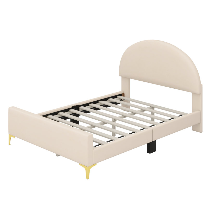 Lit plateforme tapissier simple avec tête de lit demi-cercle et pieds mentaux, Lit simple, Beige