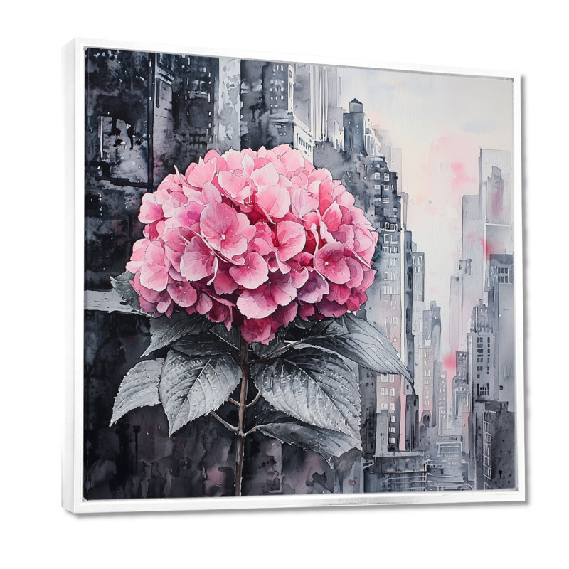 «Hortensias monochromes dans la ville», art mural hortensias, Impression encadrée flottante, H 16 po x l 16 po, Blanc