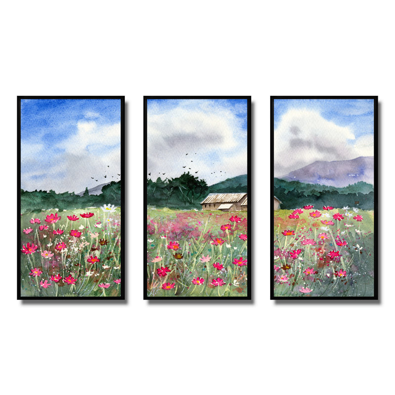Paysage avec un champ de fleurs blanches et roses - 3 pièces, peinture sur toile, H 28 po x l 36 po, Noir