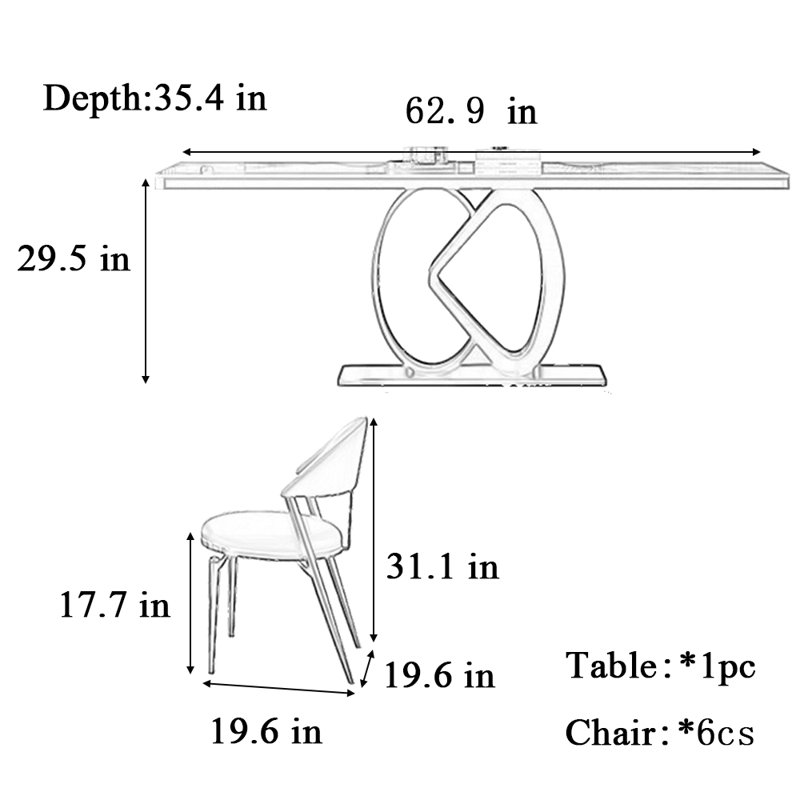 Tables et chaises luxueuses, simples et modernes haut de gamme, H 29,5 po x L 62,9 po x l 35,4 po