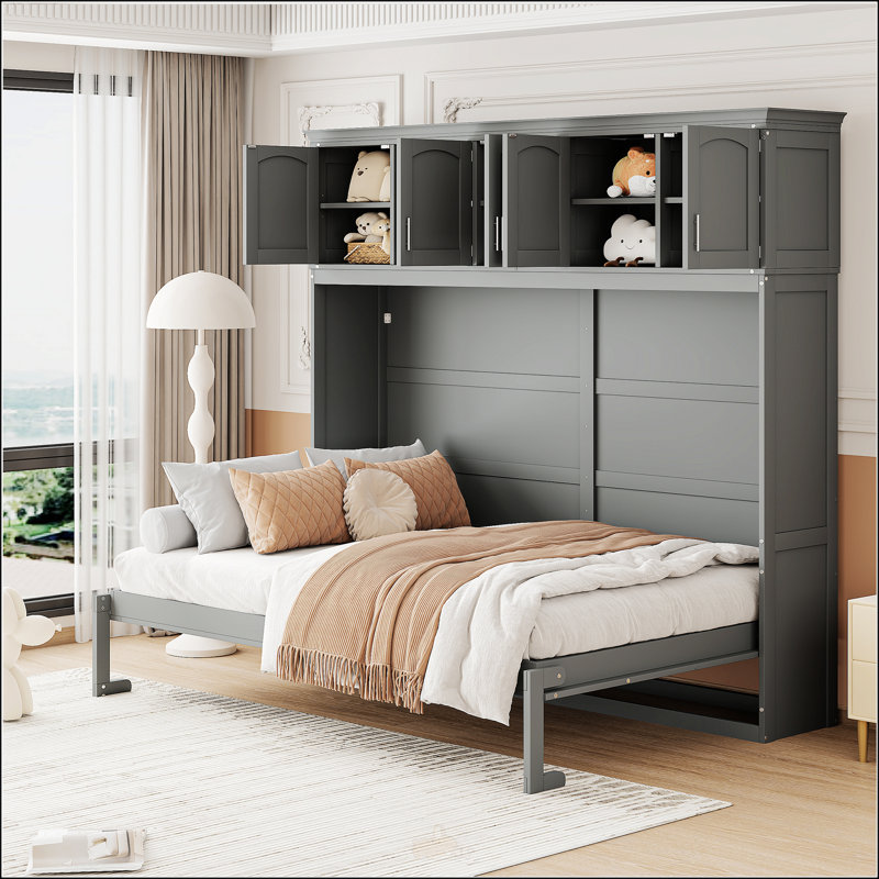 Grand lit escamotable mural avec armoires supérieures, Gris