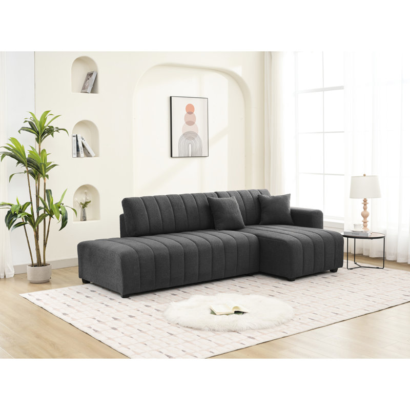 Fauteuil de coin en forme de L d'inspiration scandinave à 3 places, laine gris foncé, rembourrage en mousse, conception réversible, capitonnage, silhouette minimaliste, rembourrage en tissu doux, bouton haute densité